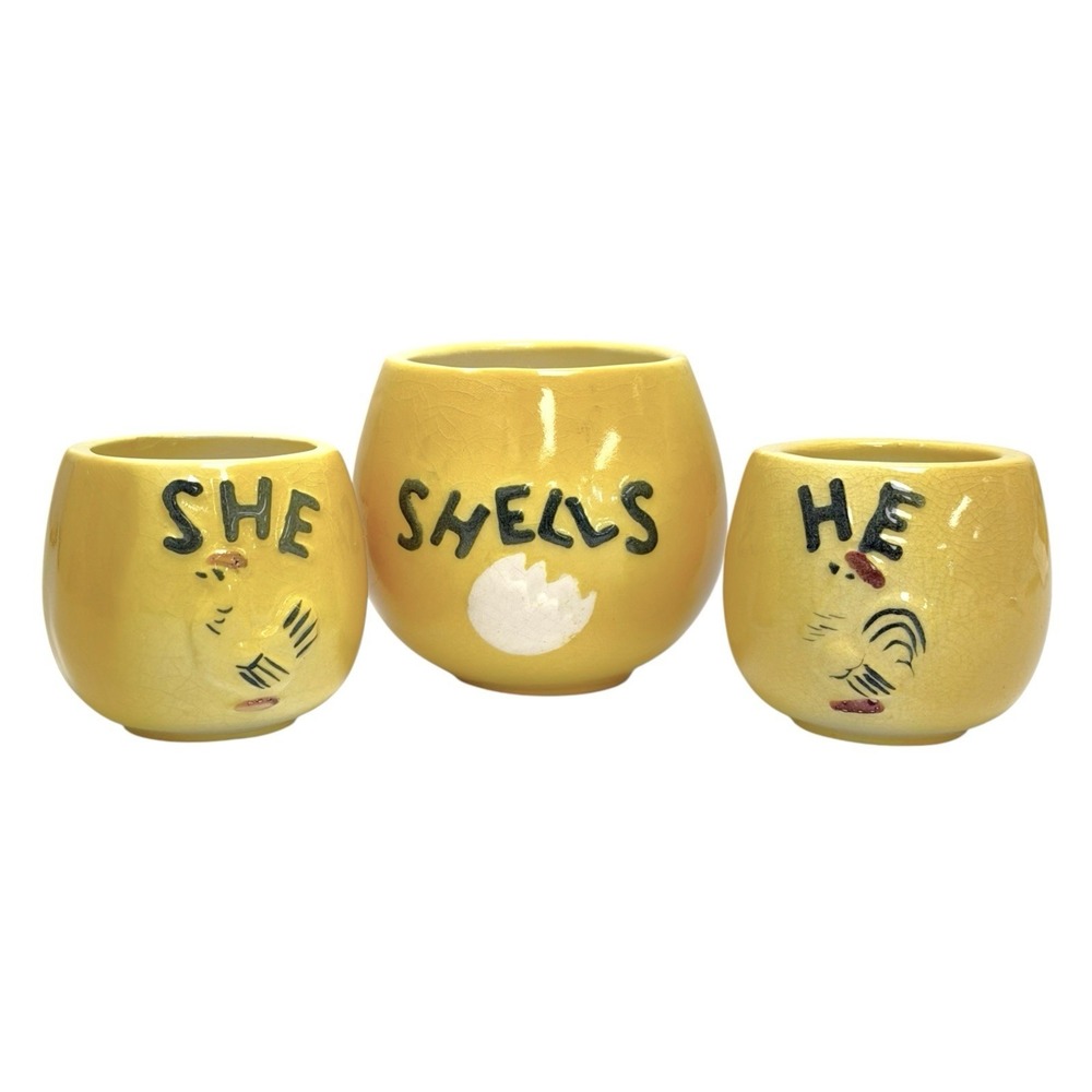 Vintage Cardinal China Co. 3-Piece Matching Egg Cups He She Shells Ceramic MCM